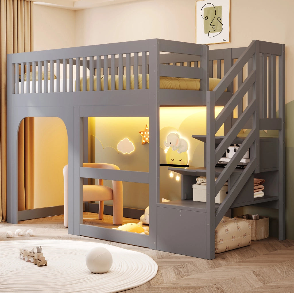 Letto a soppalco per bambini 90x200 cm con scala contenitore e LED