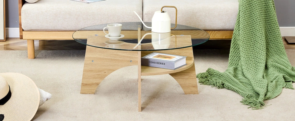 Tavolino da caff¨¨ rotondo moderno in vetro ¨C ? 80 cm con piano trasparente, design multifunzionale. Struttura a ventaglio, gambe in MDF effetto legno