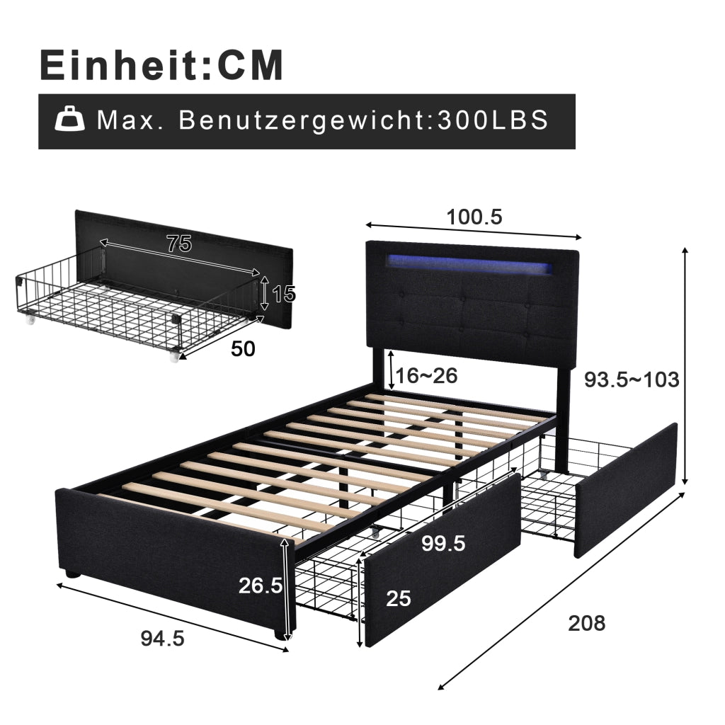 OKWISH Letto Singolo 90×200 cm con 2 Cassetti, Testiera Regolabile e LED, senza Materasso, in Lino, Nero