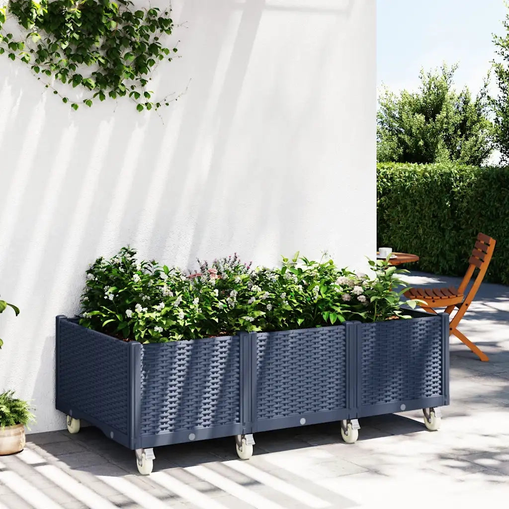 Fioriera | Cassetta per fiori | Vaso da Giardino con Ruote Grigio Blu 150x80x54 cm in PP