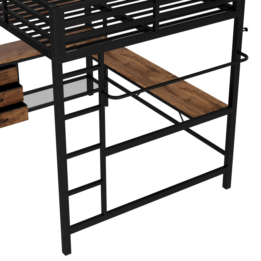 LETTO a soppalco 140x200 cm nero con scrivania, cassetti e ripiani