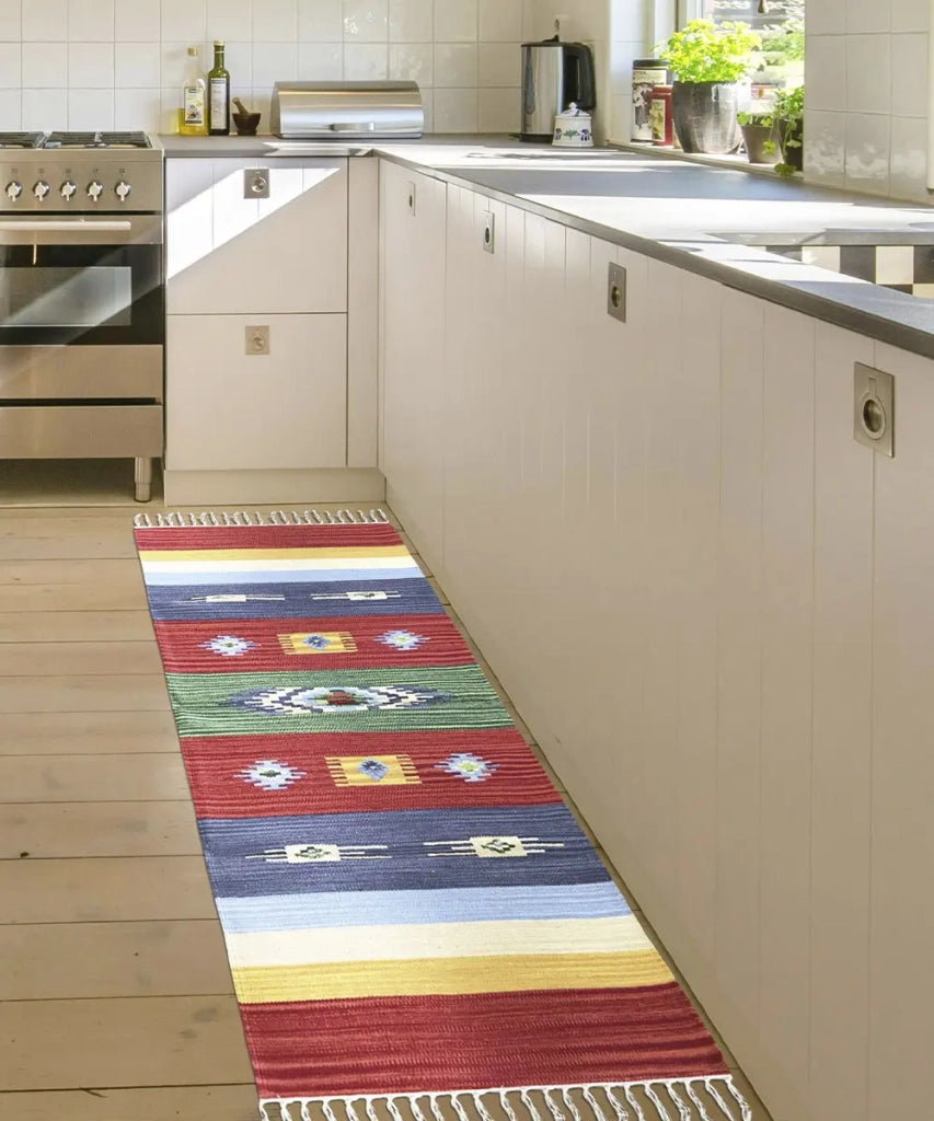 Tappeto KELIM 03 disegni etnici orientali colori vivaci cm.90x150 tessuto e frangia 100% cotone, lavabile in lavatrice