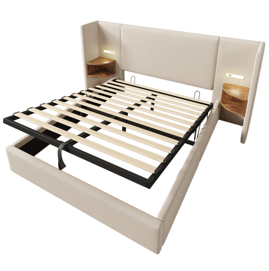 Letto imbottito 160x200 cm con contenitore; luce da lettura e ricarica USB Type-C in lino beige