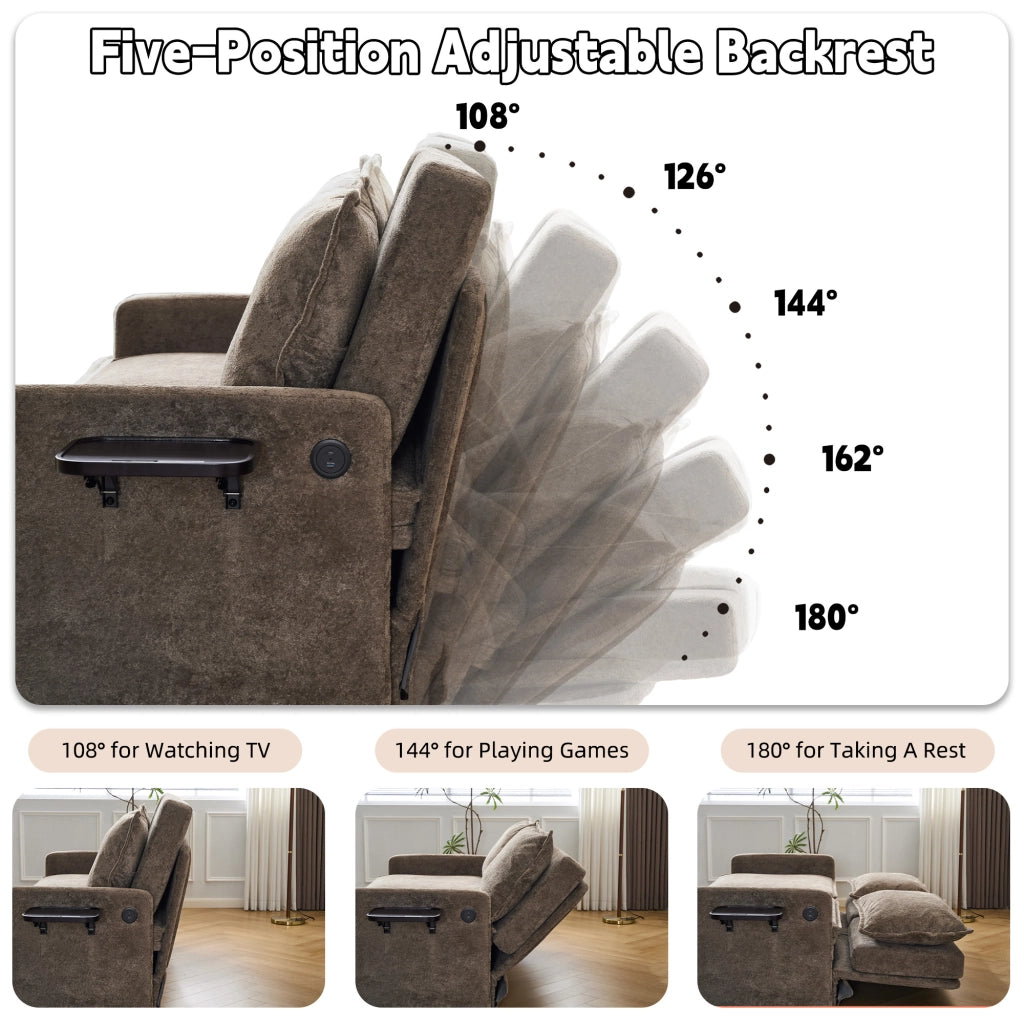 Divano letto con cuscini e USB, 3 in 1, schienale regolabile, contenitore, chenille, marrone ¨C Minimal