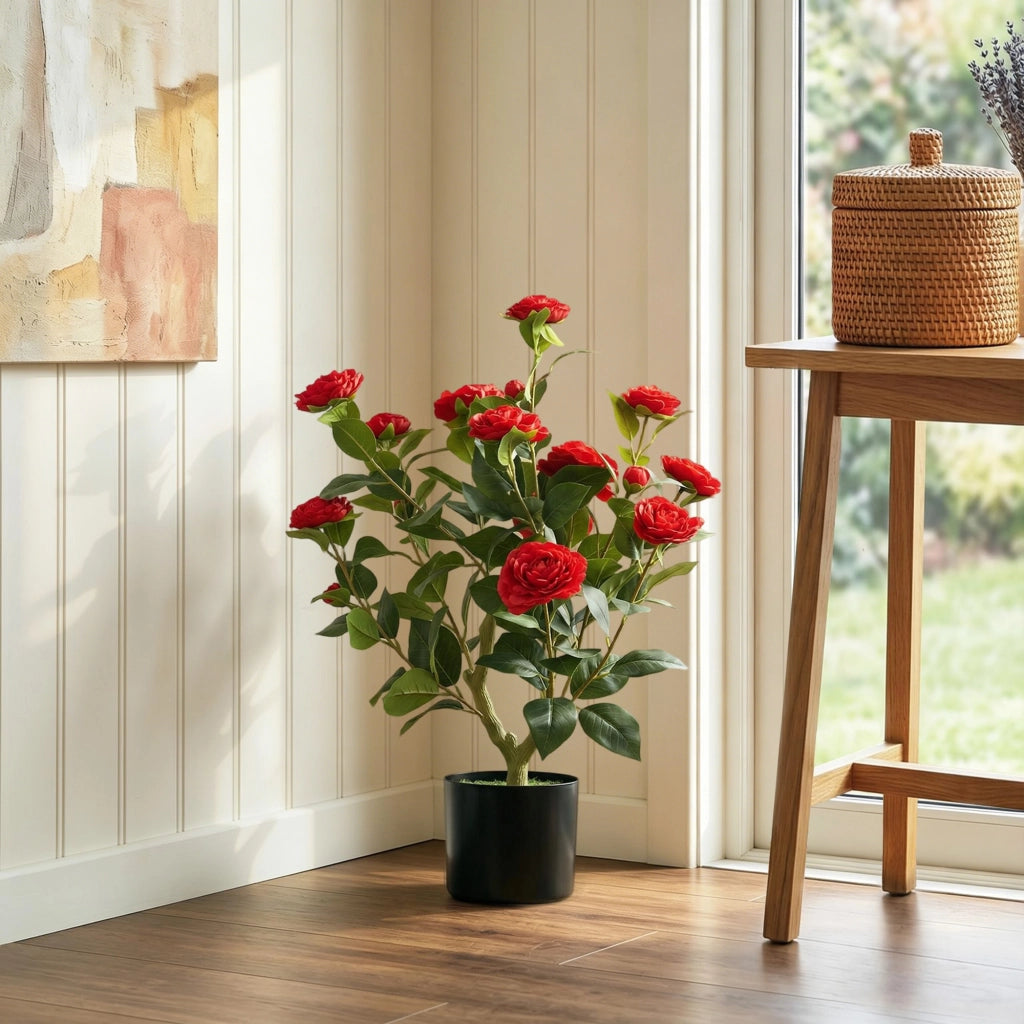 Planta Artificiale Camelia in Vaso con Fiori ¨C Minimal ¨C 65 cm, Effetto Muschio Rosso