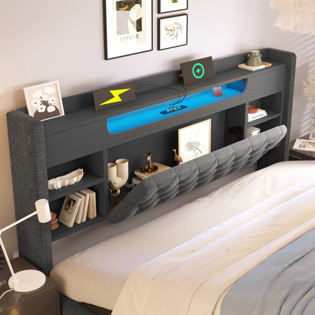 Letto contenitore 140x190 cm con LED, USB e testiera con ripiani