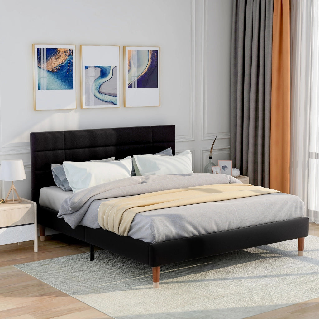 Letto imbottito matrimoniale - Zephmum - 140x200cm - Nero lino - Con rete e testiera