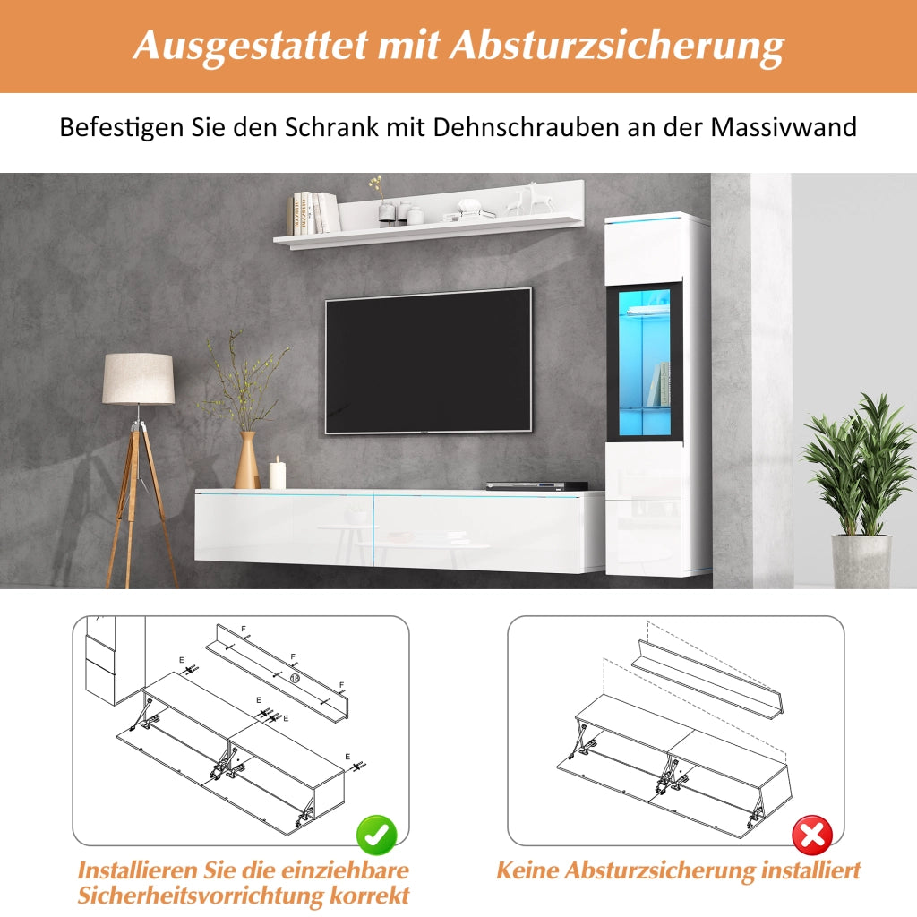 PARETE ATTREZZATA Set da 3 pezzi con LED 180 cm Bianco lucido