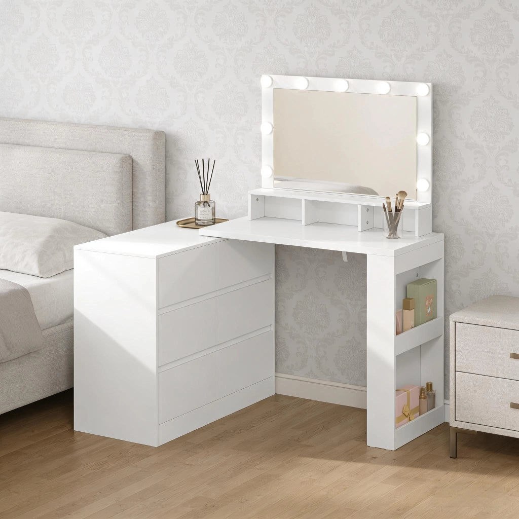 Toeletta 2 in 1 con specchio LED e mobile laterale con 6 cassetti bianca per camera da letto e trucco quotidiano