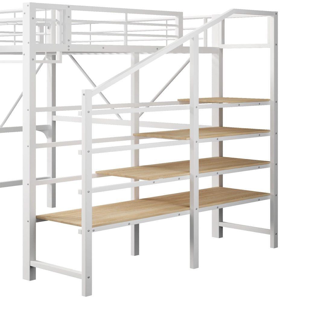 DESMIU Lit mezzanine 140 × 200 cm 2 posti con ripiani, LED, cestino portaoggetti, senza materasso, bianco