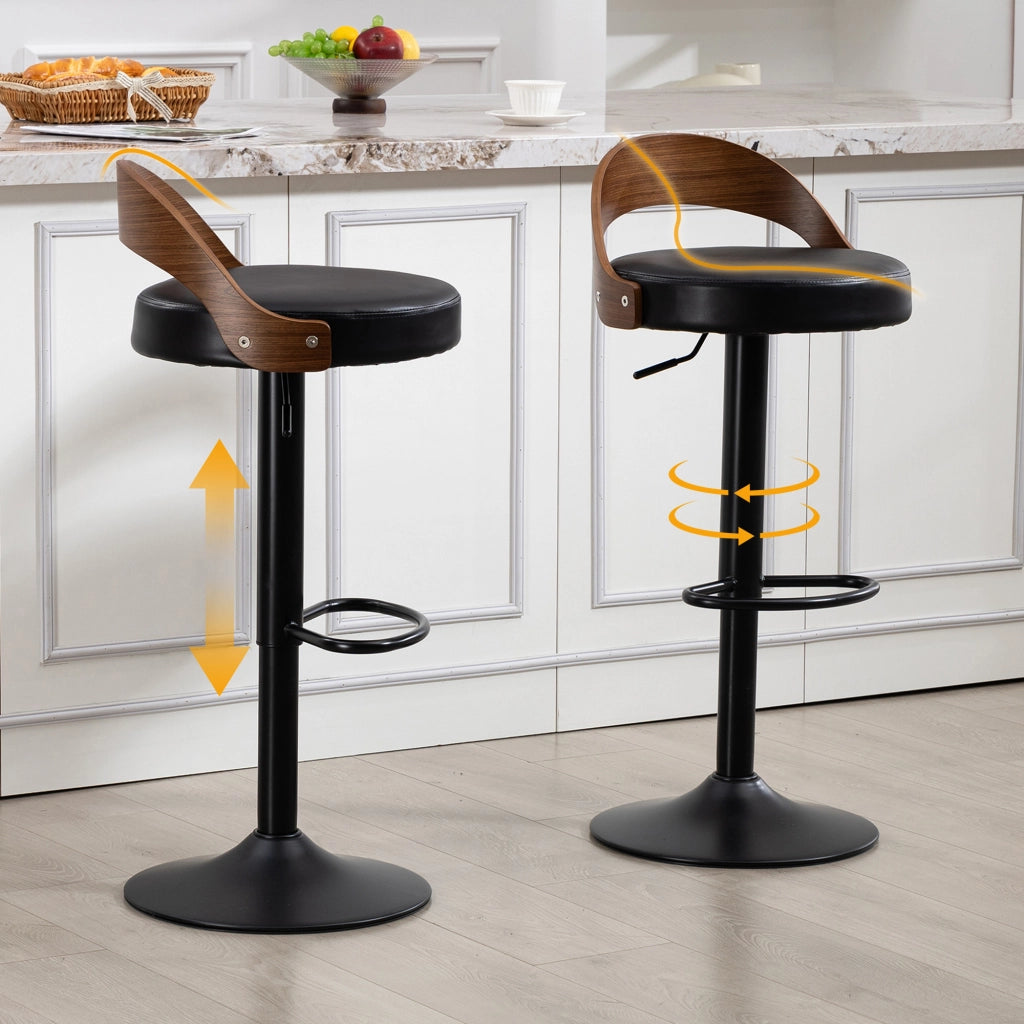 Set di 2 sgabelli da bar girevoli 360° con schienale, altezza regolabile, seduta in PU nero, struttura in metallo
