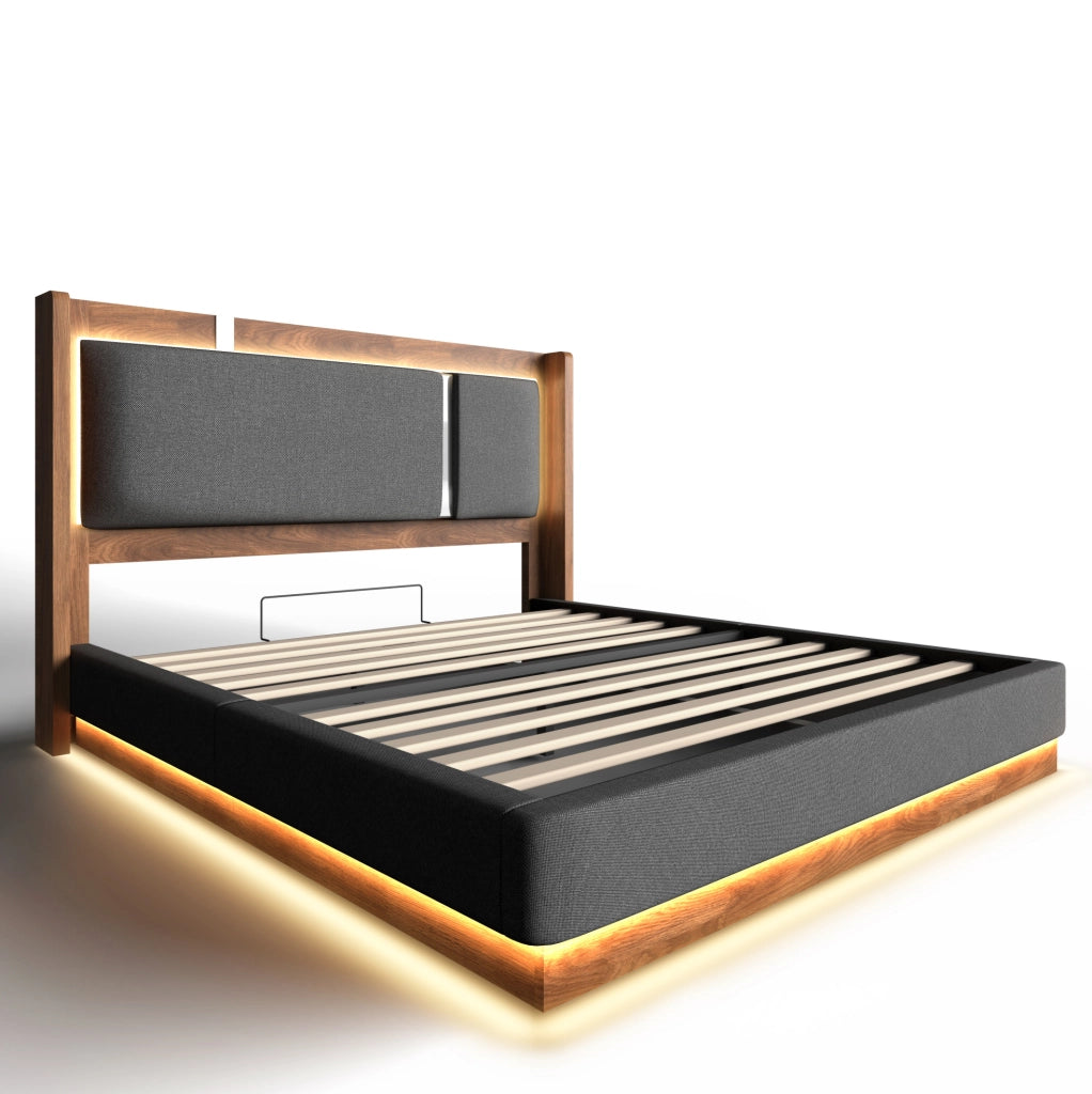 Letto matrimoniale imbottito 180x200 cm con LED e vano contenitore