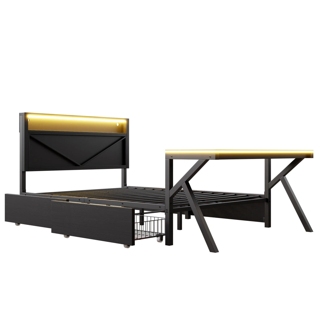 Letto Singolo 140x200 cm con LED; Scrivania e 2 Cassetti in Metallo e MDF - Nero