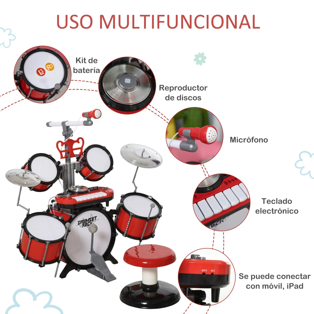 Batteria per Bambini con 4 Tamburi, Microfono, Piatti, Bacchette e Tastiera ¨C Minimal ¨C Rosso