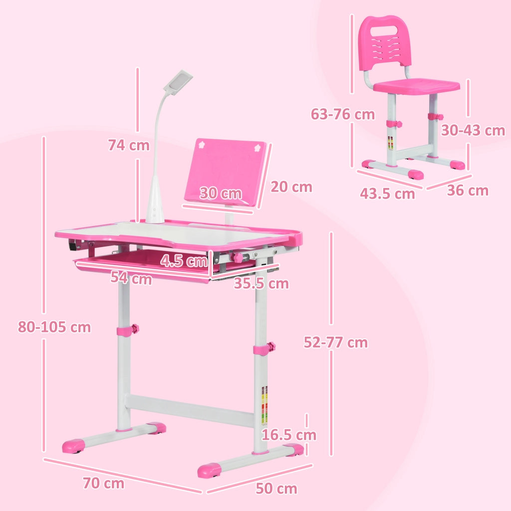 Banco Scuola Regolabile con Sedia per Bambini 6-12 Anni, 70x49.5x80-105 cm, Rosa