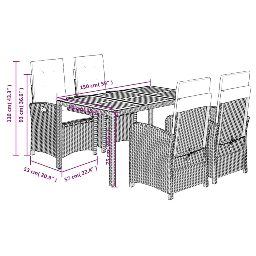 Set da Pranzo da Giardino 5 pz Nero con Cuscini in Polyrattan 3212224