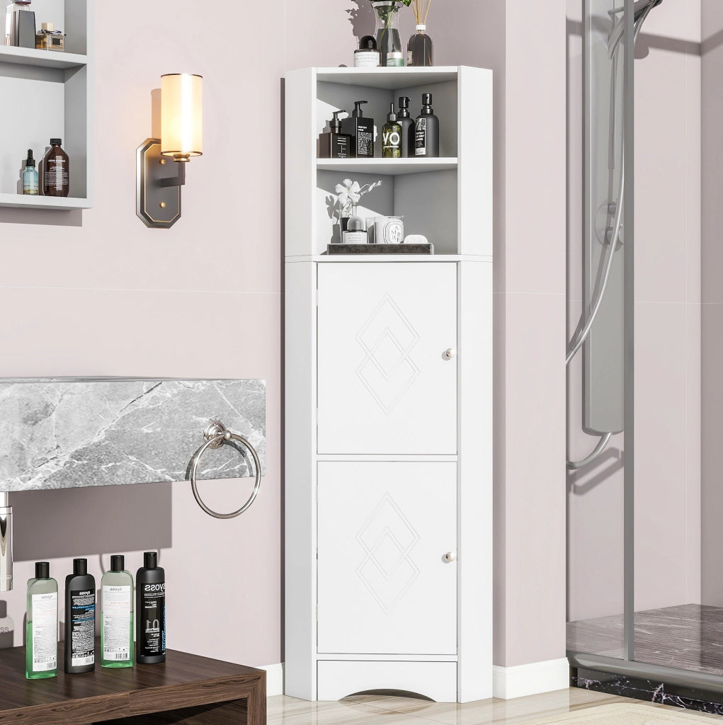 Mobile bagno angolare con ripiani aperti e anta decorata in truciolare bianco