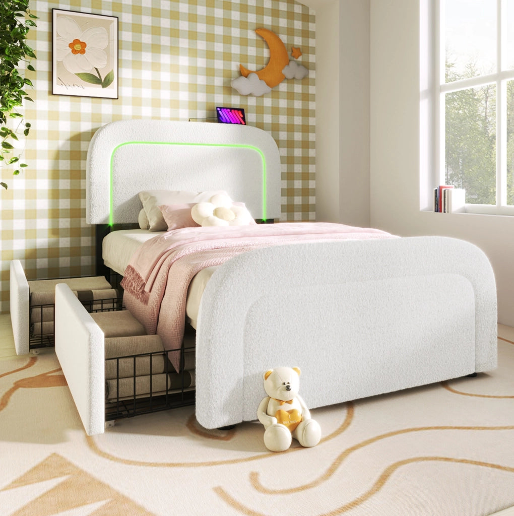 Letto singolo 90x200 cm con materasso, LED, USB Type-C e 2 cassetti