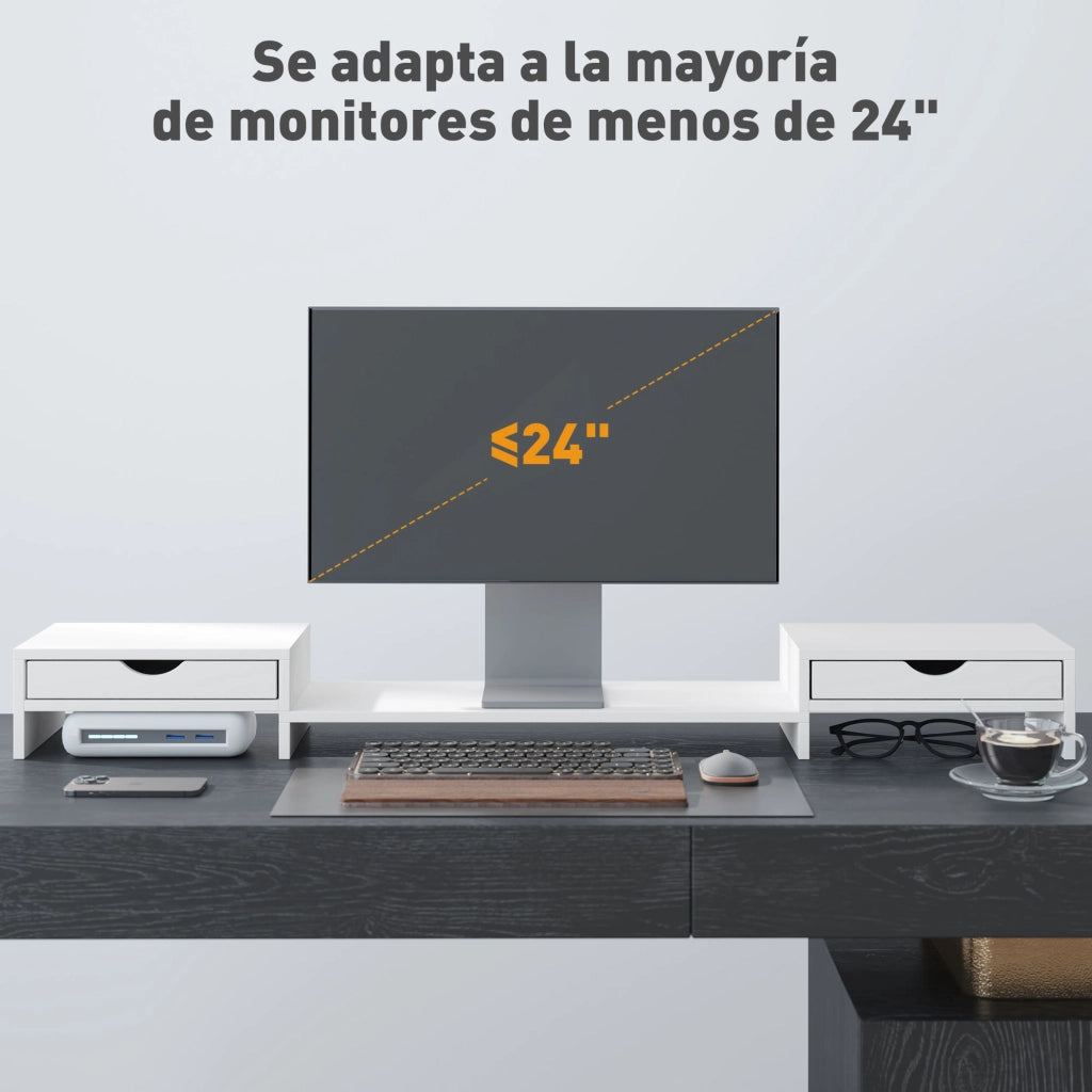 Supporto Monitor Regolabile con 2 Cassetti per PC Portatile ¨C Zephmum ¨C Bianco 60-116x22x12 cm