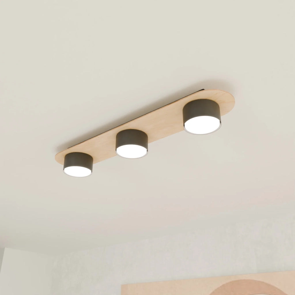 Plafoniera 3 Luci Freya In Acciaio Nero E Legno Naturale Diffusore A Cilindro