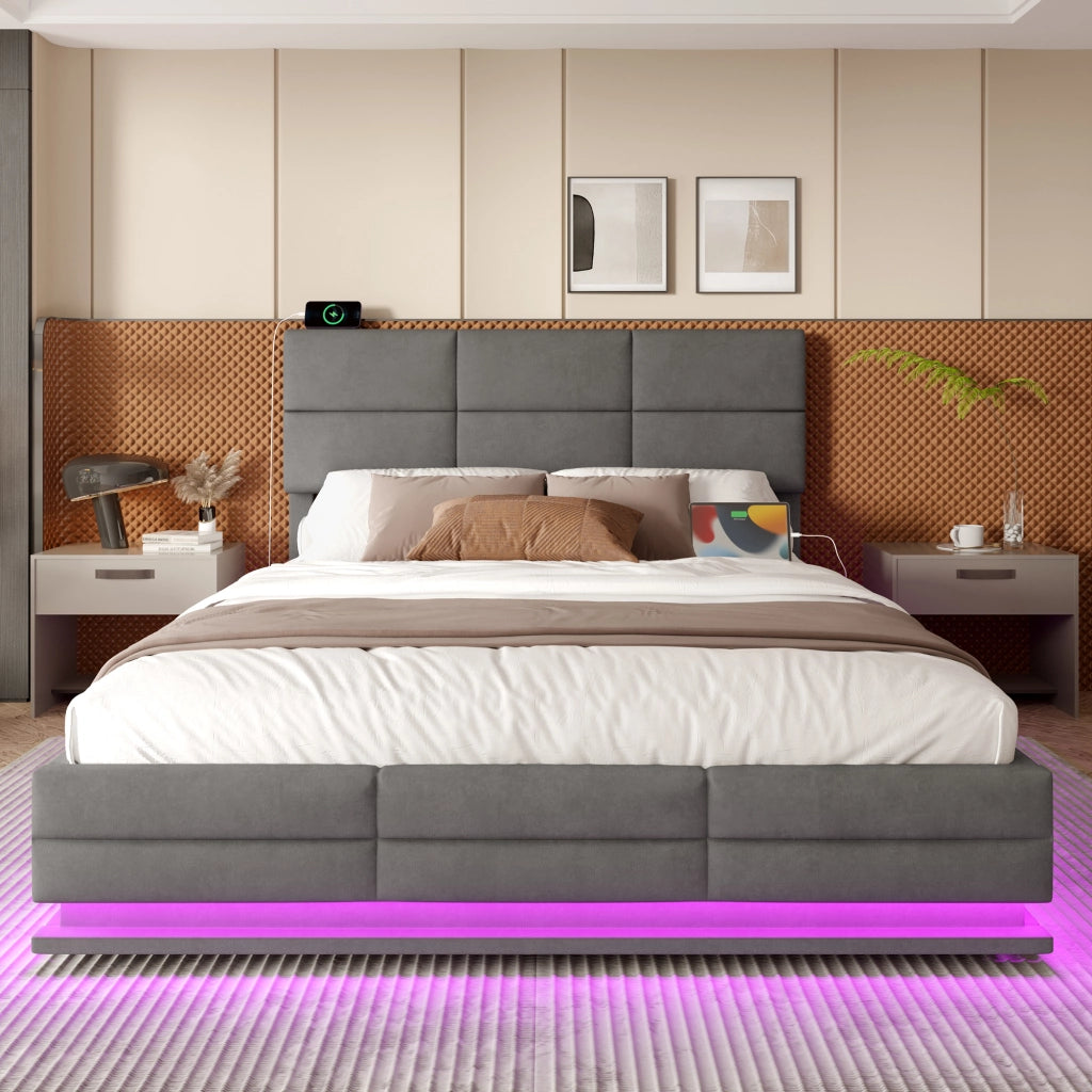 OKWISH Letto Contenitore 180×200 cm, Letto Matrimoniale con USB, Tipo C, LED Regolabile e Testiera Regolabile, senza Materasso, Velluto, Grigio Scuro