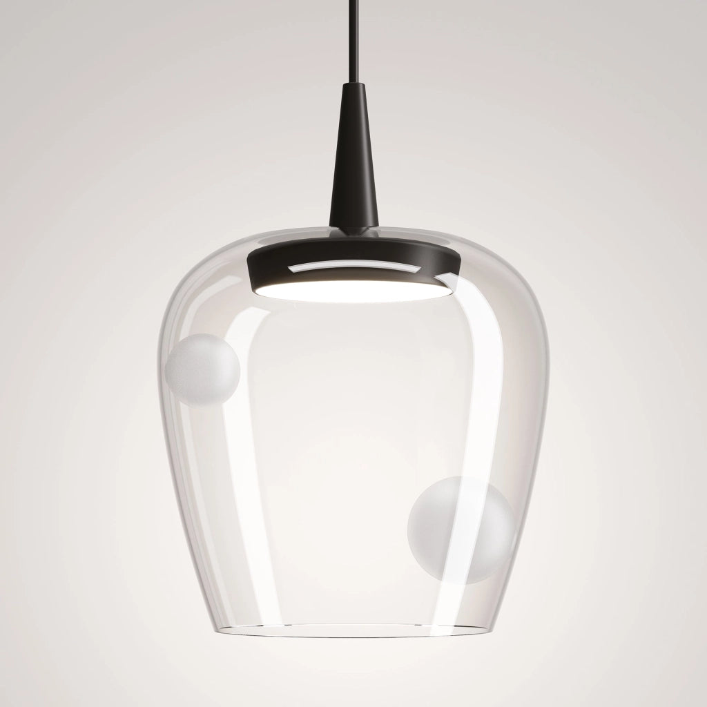 Zafferano Lampada a sospensione Bilia 230V in vetro borosilicato soffiato e alluminio sabbiato, LED 8W 2700K CRI90, diametro 18 cm, altezza 324 cm