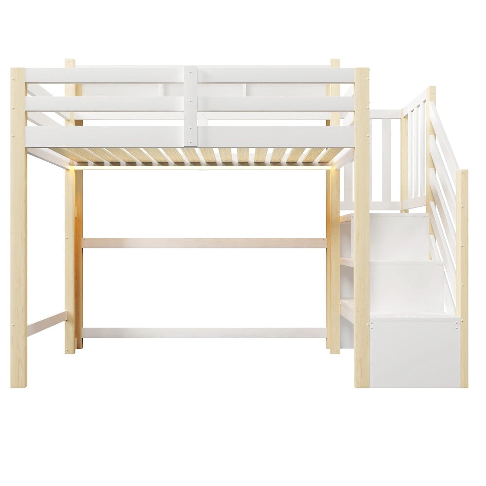 Letto a Soppalco con LED e Contenitore ¨C MINIMAL ¨C Bianco/Natura, 90x200