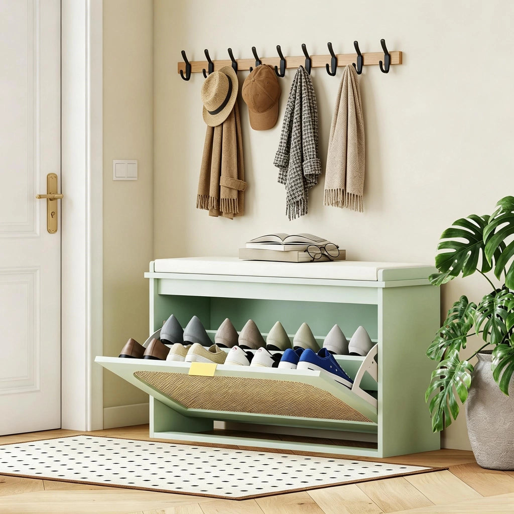 Scarpiera con vano contenitore e cuscino, 8 paia, tessuto effetto lino e MDF, verde e beige