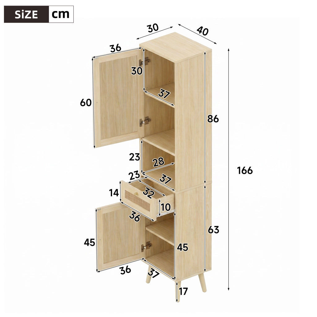 Mobile da bagno alto con 2 ante reversibili e 1 cassetto - per bagno - in MDF - 40x30x166 cm - naturale