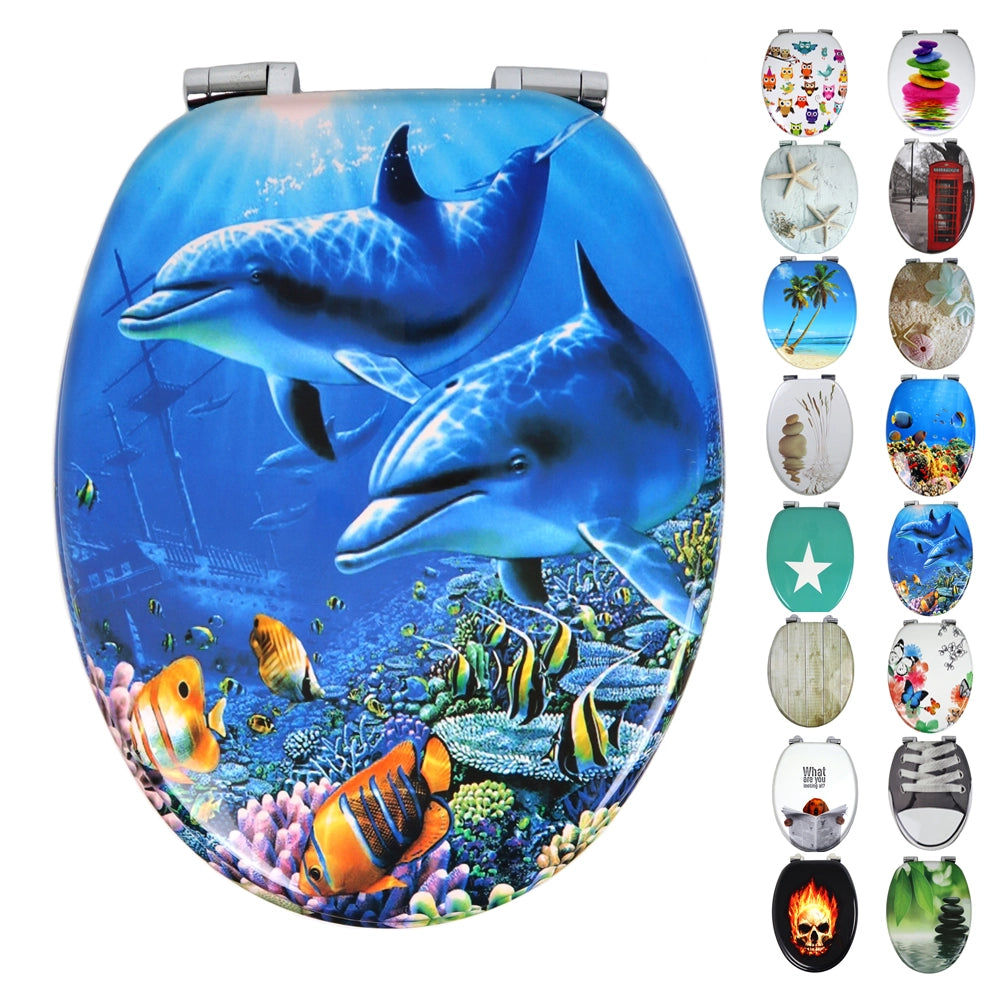 Sedile wc copri vater universale frizionato fantasia in mdf chiusura rallentata *** fantasia delfino, confezione 1