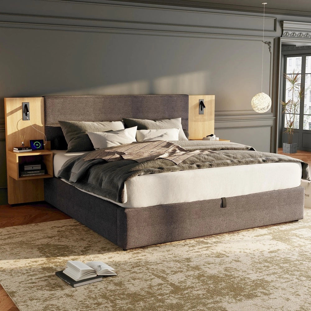 Letto Imbottito Matrimoniale con Comodini, LED e USB ¨C MINIMAL ¨C Velluto Grigio, 180x200
