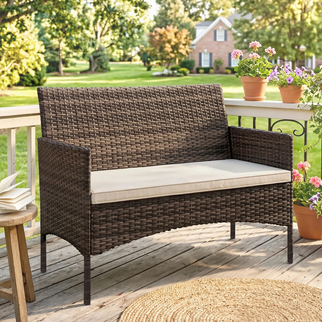 Divano 2 posti in rattan per giardino ¨C Minimal ¨C Tessuto khaki, struttura in acciaio