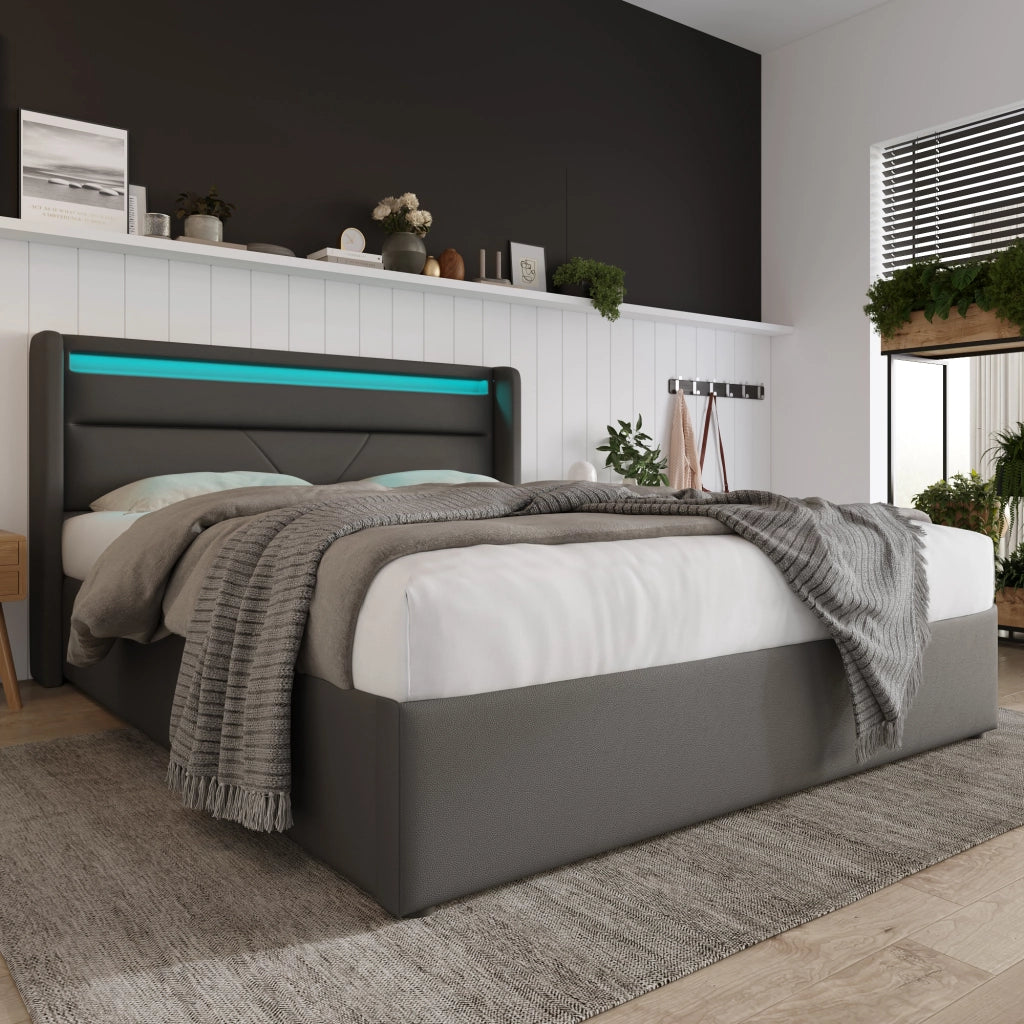 DESMIU Letto contenitore 140 × 200 cm 2 posti con LED regolabile e vano contenitore idraulico, senza materasso, in PU, grigio