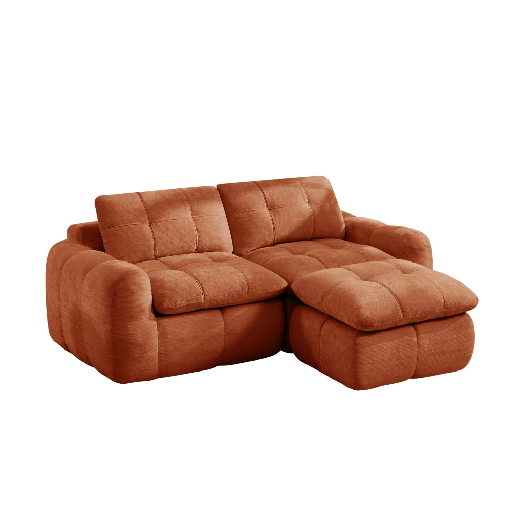 Divano modulare 2 posti con pouf; in chenille arancione; 194 × 160 × 68 cm