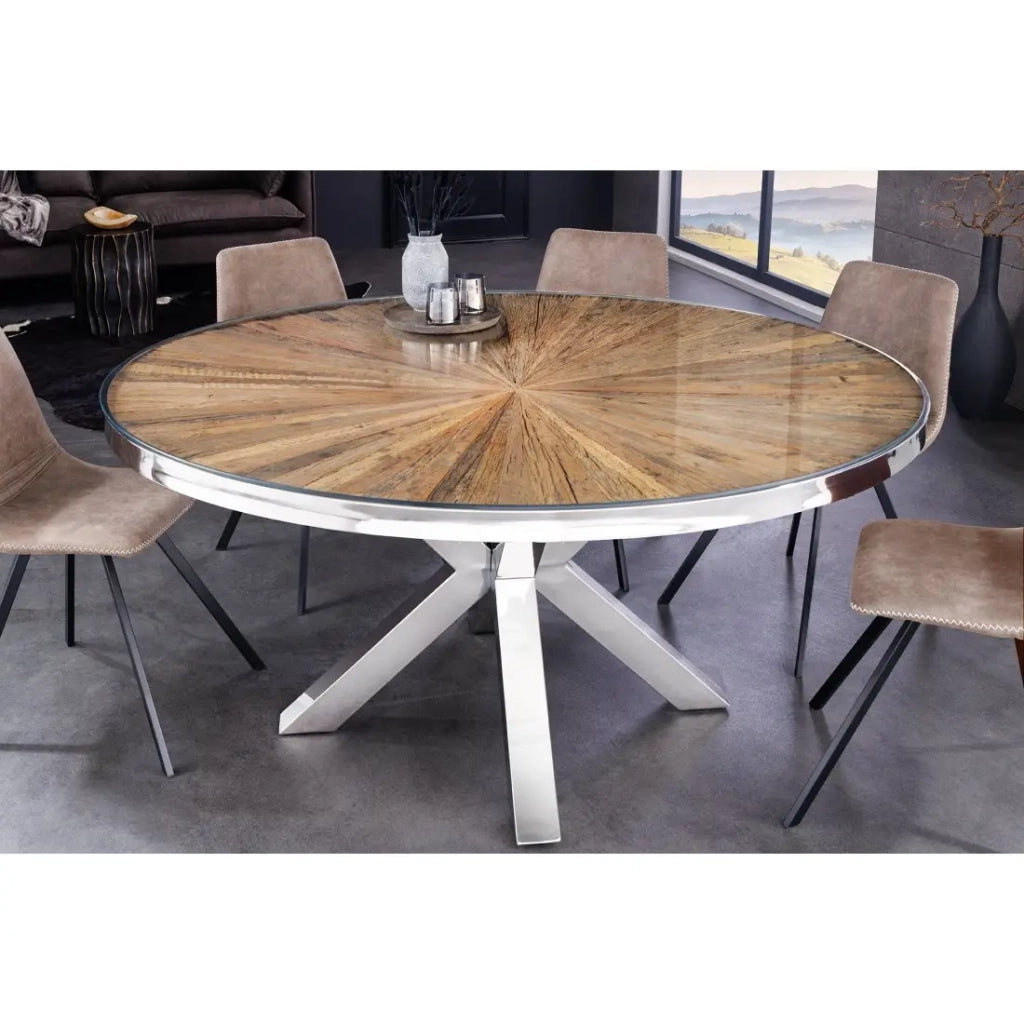 Table RAFTA – Legno di teck e vetro temperato – Piede cromato – 140 cm – Rotonda – Stile contemporaneo