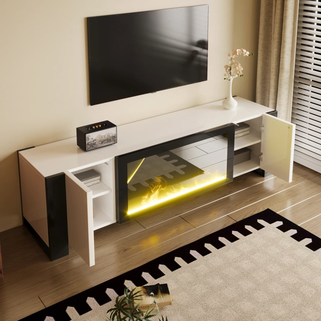 OKWISH Mobile TV con 2 Ante e Ripiani, Camino Elettrico con Effetto Fiamma senza Riscaldamento, per Soggiorno, 165 x 32 x 55 cm
