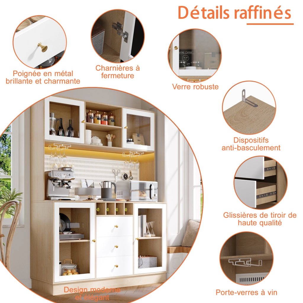 Credenza alta da cucina con cassetto; portabottiglie; portabicchieri; ripiani regolabili e LED per cucina in MDF e vetro 140x40x185;7 cm Bianco