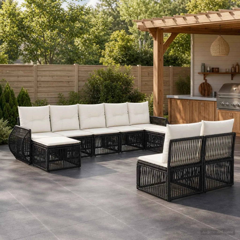 Set Divano da Giardino 9 pz Nero e Bianco Crema polyrattan 3435532