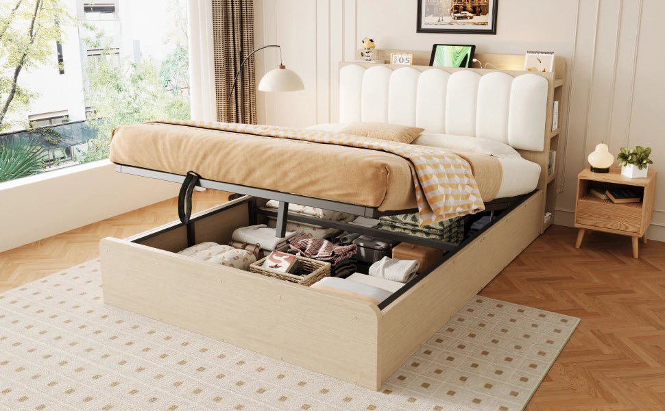 DESMIU Letto contenitore 140 × 200 cm 2 posti con USB, luce e vani, senza materasso, legno naturale