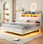 Letto imbottito sospeso 160x200 cm con LED; USB e Type-C; contenitore testiera; beige
