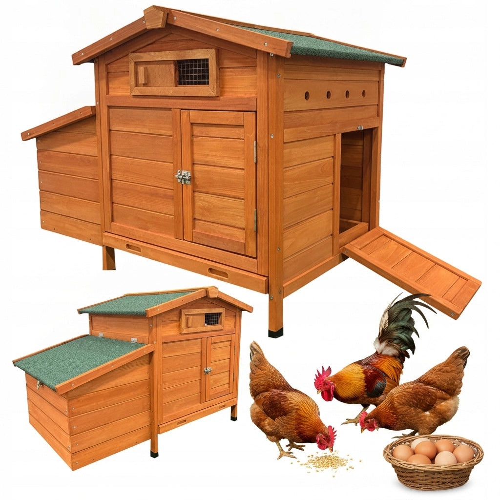 Pollaio da Giardino in Legno Naturale 104×60×71;5 cm; Ricovero Rialzato per Galline con Nido e Pulizia Facile