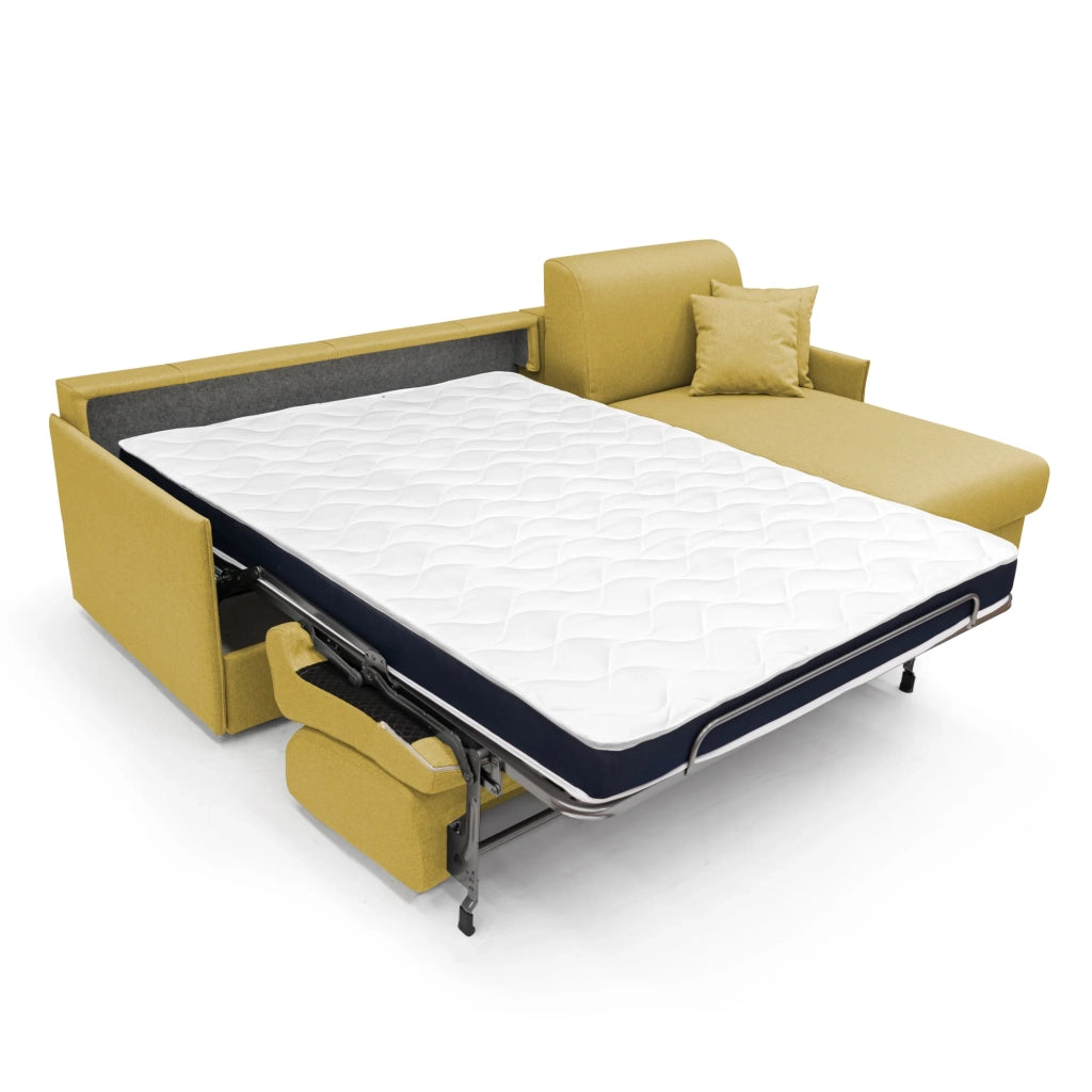 Evans Divano letto angolare con penisola in morbido tessuto impermeabile T13 252 cm Destro (mat. 140x197)  giallo