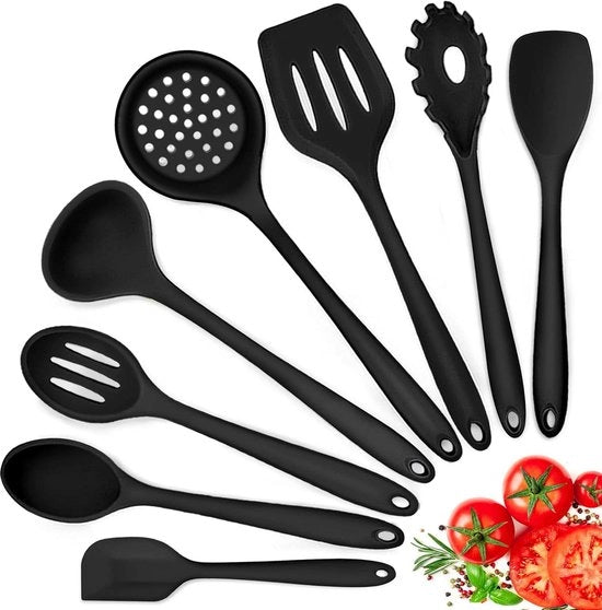 Set di utensili da cucina in silicone a 8 pezzi - resistente al calore - nero