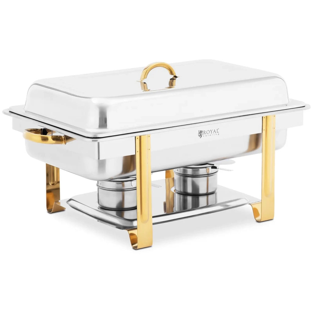 Chafing dish GN 1/1 con dettagli dorati 9 litri 2 bruciatori acciaio inox argento 14_0008575
