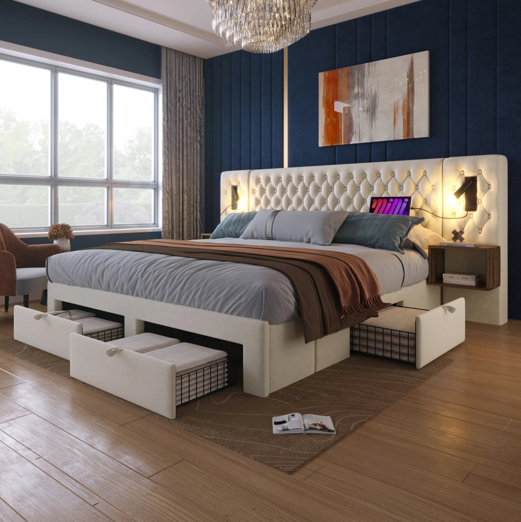 Letto matrimoniale imbottito 180x200 cm con comodini, cassetti e luci LED