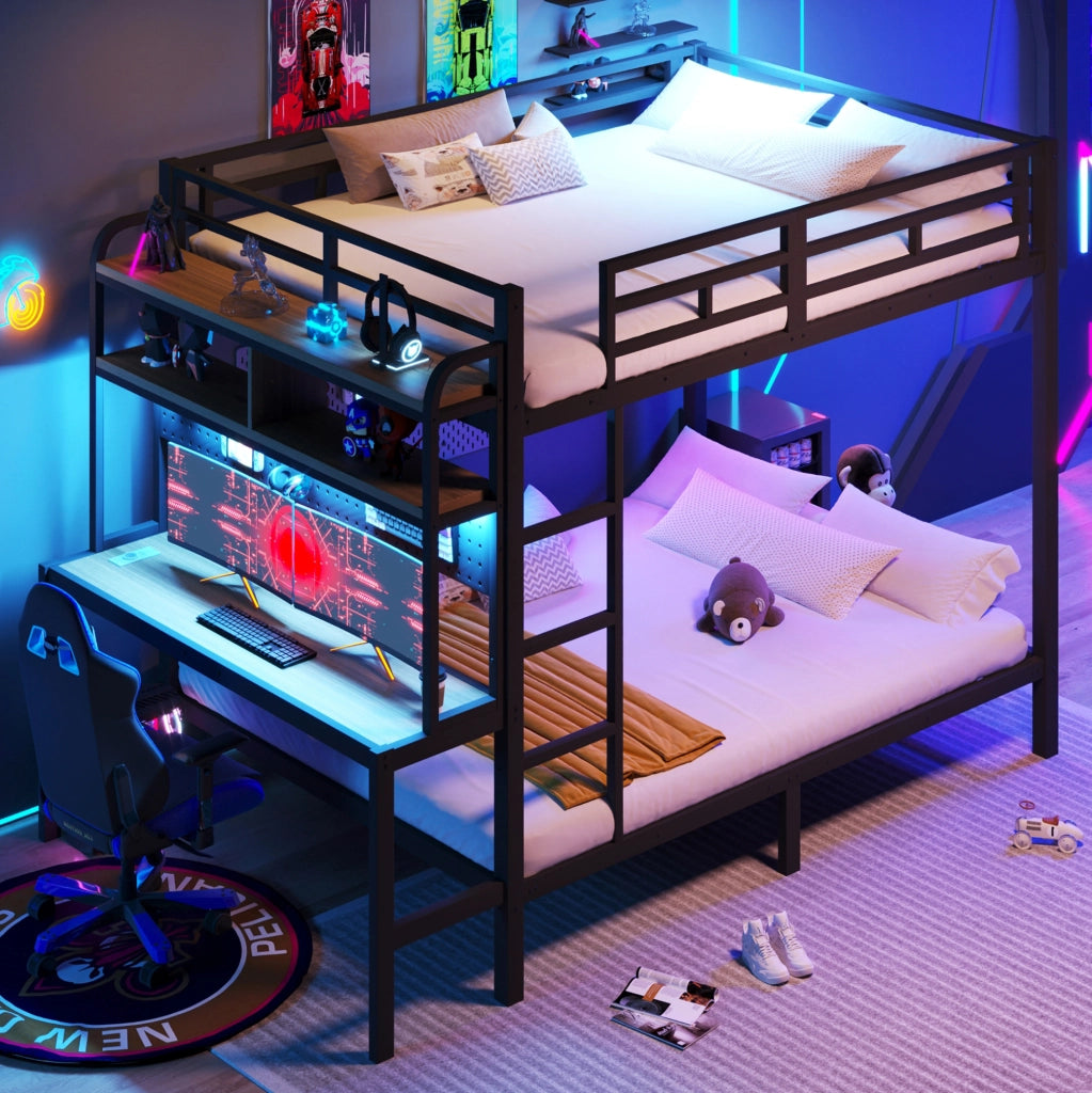 Letto a castello 140x200 cm con scrivania, scaffali, LED e USB