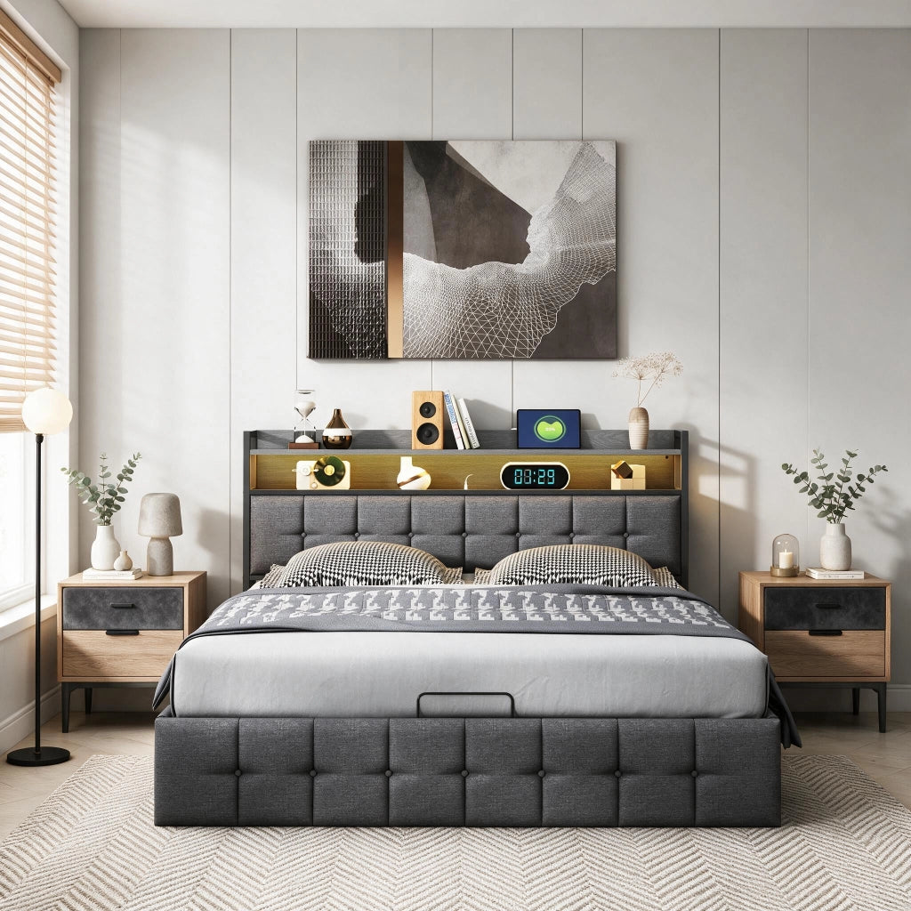 Letto matrimoniale 160x200 cm con contenitore LED USB testiera struttura letto MDF e PU - grigio