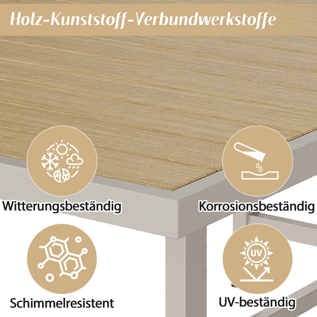 Set pranzo giardino 4 persone: 1 tavolo + 4 sedie; acciaio zincato; legno-plastica; design corda; kaki/beige