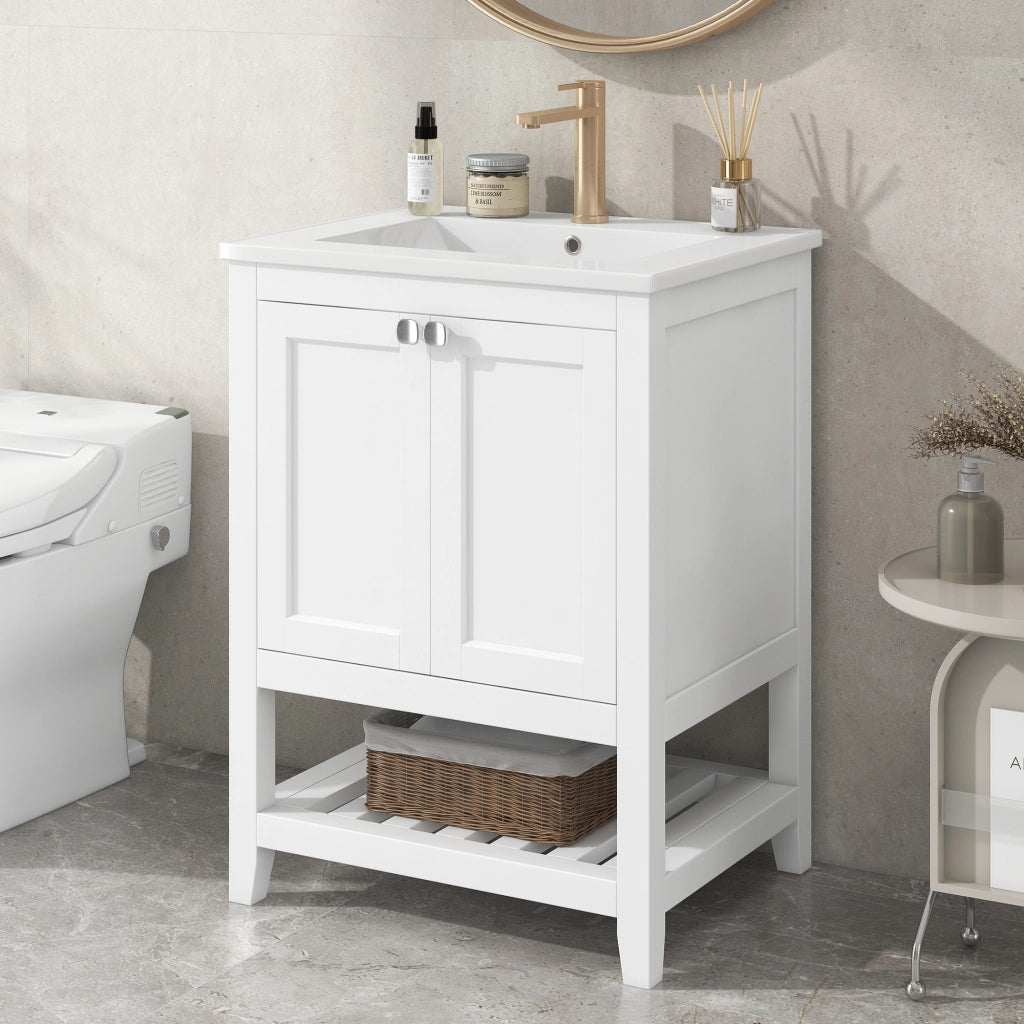 Mobile da bagno con lavabo in ceramica; 1 anta; per bagno; bianco; 60 cm