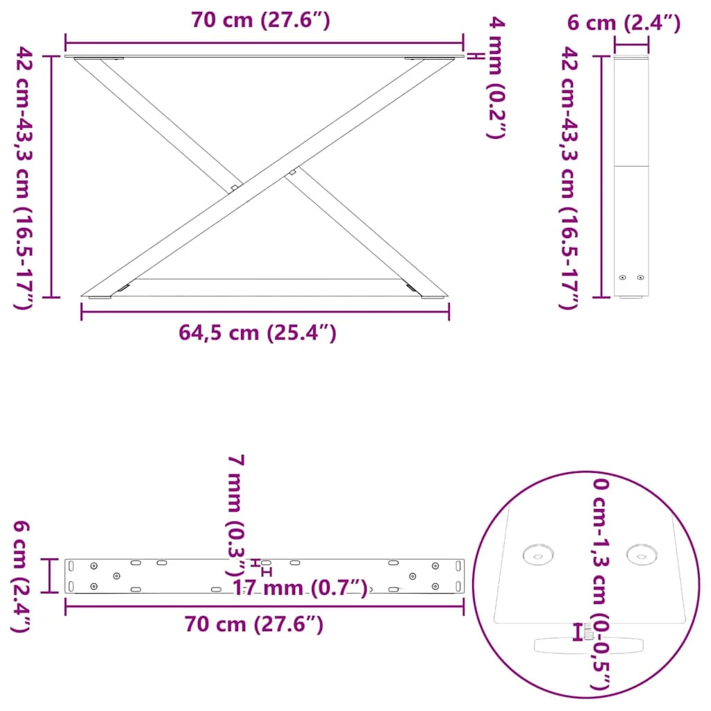 Set di 2 gambe regolabili per tavolino da caffè 70 x 42-43,3 cm design moderno acciaio naturale 02_0057001